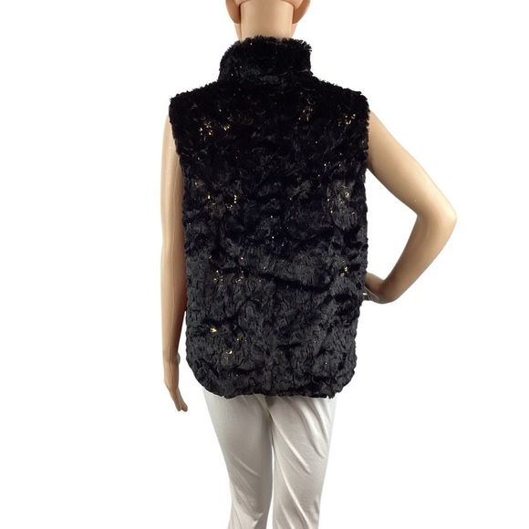 Betsey Johnson Faux Fur Gold Sequin Vest Size L Black - Picture 5 of 6